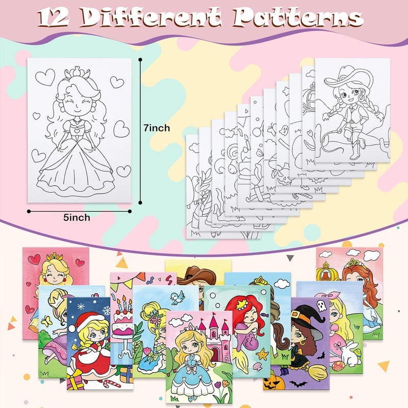 Anseal 12 Packs Princess Pre Drawn Canvas to Paint, 5" X 7" Pre Printed Canvas for Kids Outline Painting Boards for Beginners, Students, Party Favor - Image 2